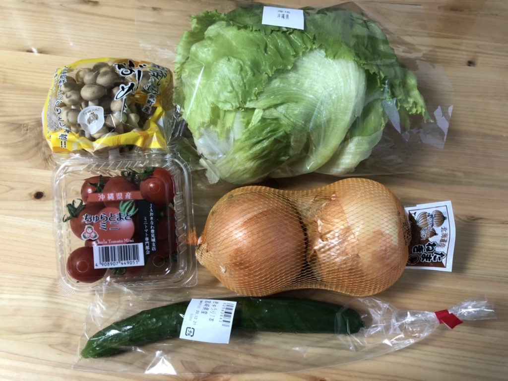 野菜（レタス、玉ねぎ、きゅうり、ミニトマト、しめじ）